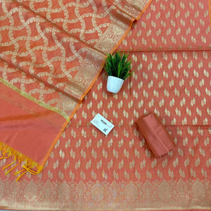 Peach Golden Zari Resham Silk Banarasi Suit