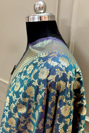 Peacock Blue Golden Zari Katan Silk Banarasi Dupatta