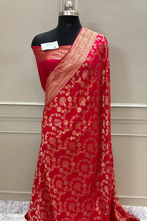 Pinkish Red Golden Zari Georgette Silk Banarasi Saree