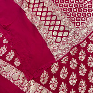 Pinkish Red Golden Zari Georgette Silk Banarasi Suit