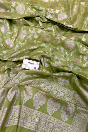 Pista Golden Zari Katan Silk Banarasi Dupatta