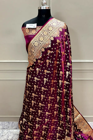 Purple Wine Victory Katan Silk Banarasi Saree