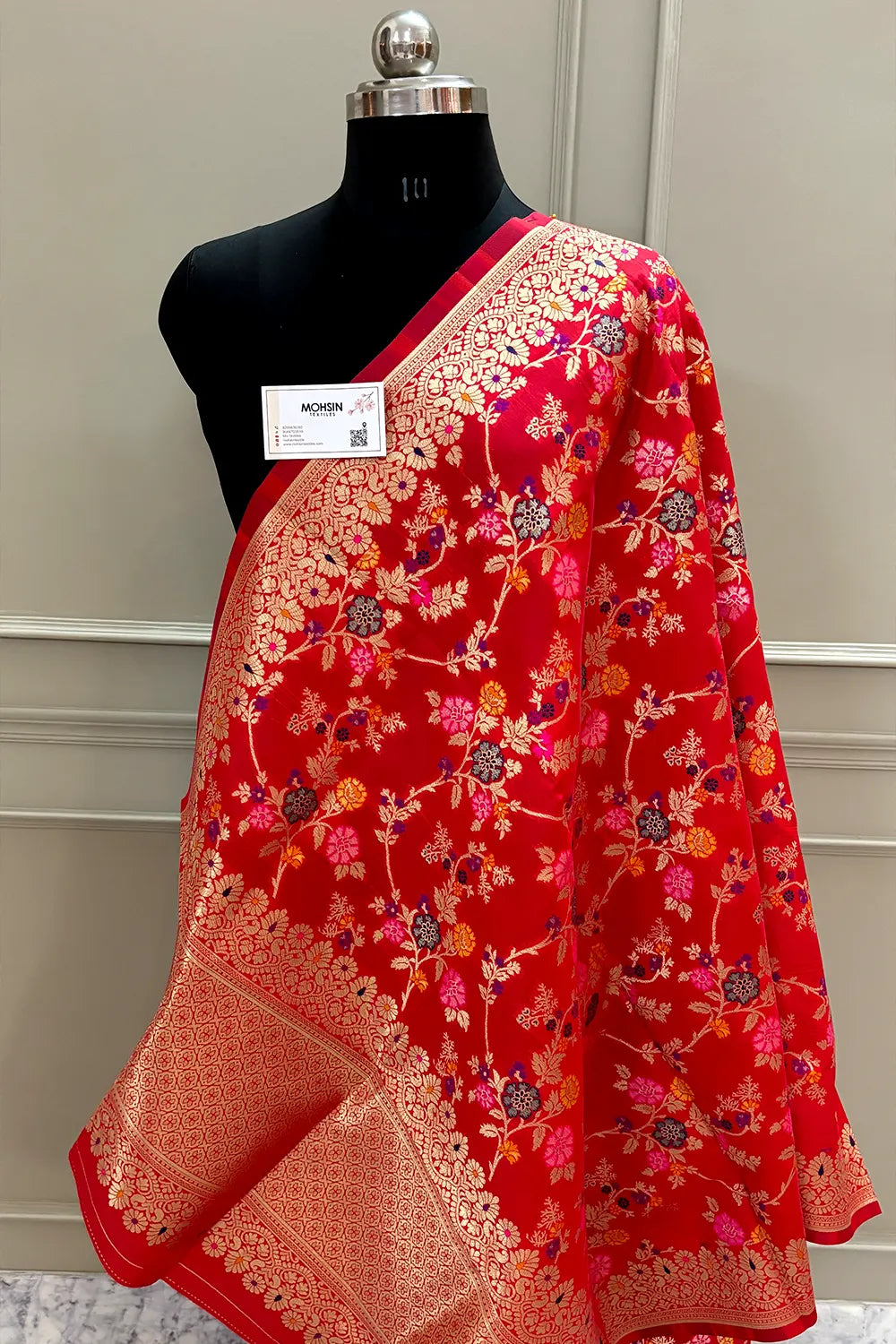 Red Golden Zari Katan Silk Banarasi Dupatta