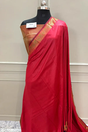 Red Plain Golden Zari Silky Banarasi Saree