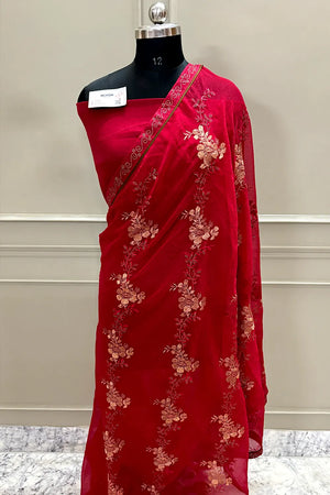 Red Embordiery Siroski Work Georgette Silk Saree