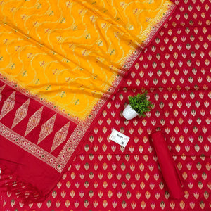 Red and Yellow Golden Zari Katan Silk Banarasi Suit