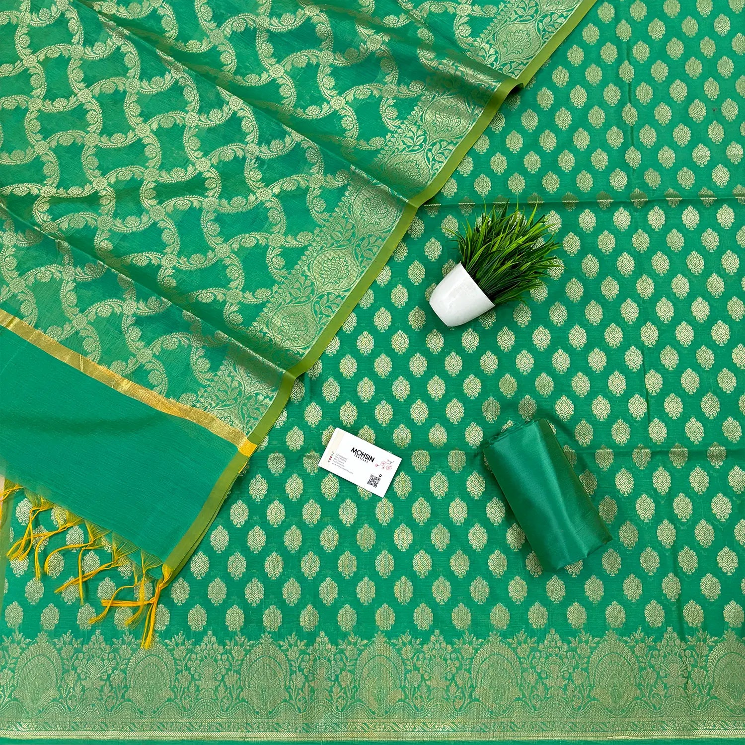 Sea Green Golden Zari Resham Silk Banarasi Suit