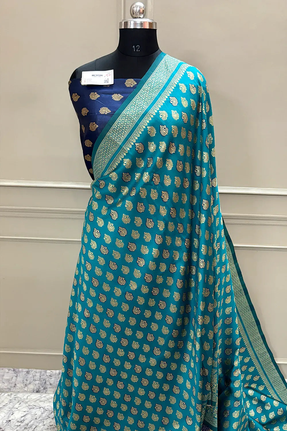 Sea Green and Navy Blue Resham Zari Silky Banarasi Saree