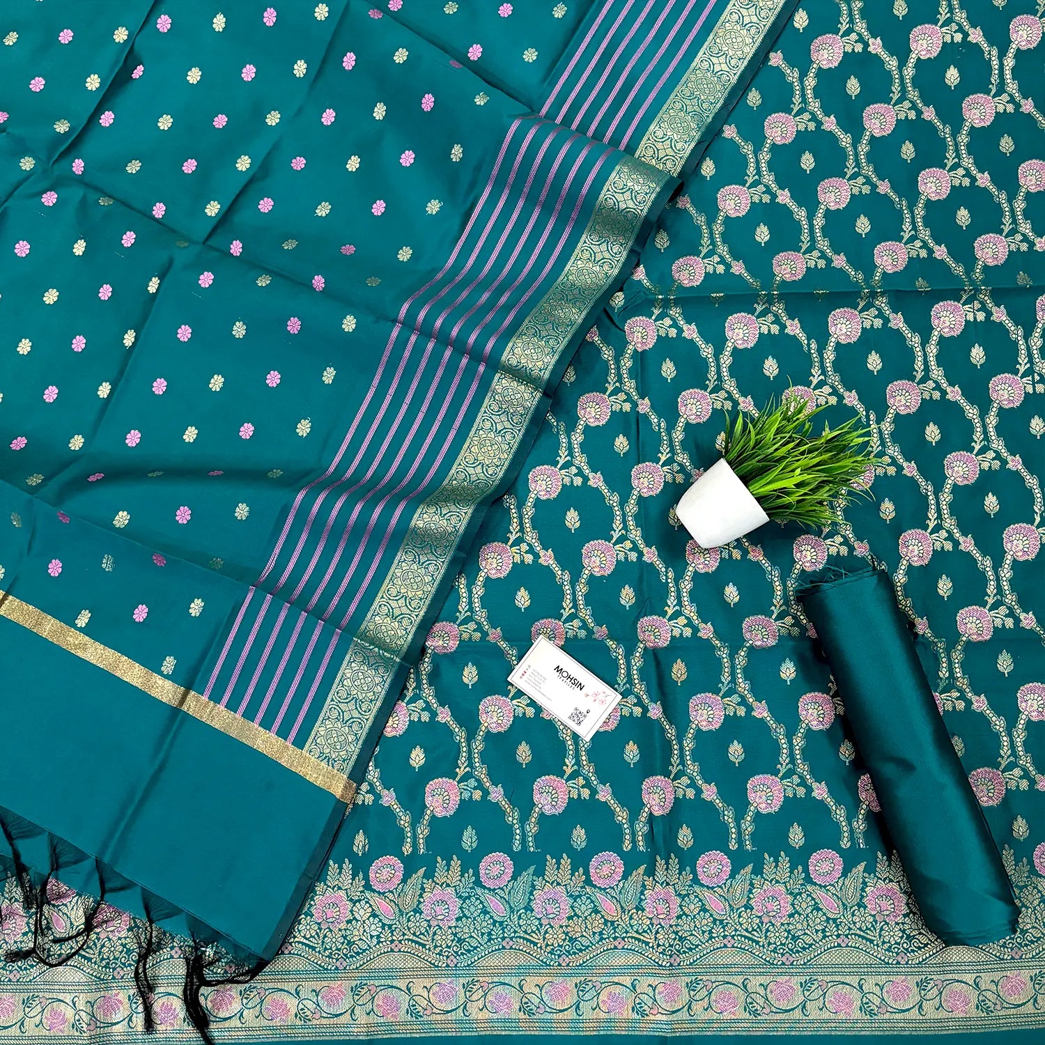 Teal Golden Zari Satin Silk Banarasi Suit