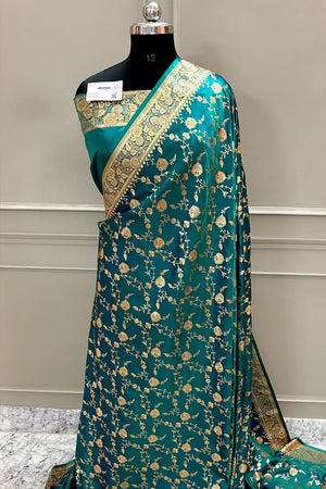 Teal Jangla Katan Silk Banarasi Saree