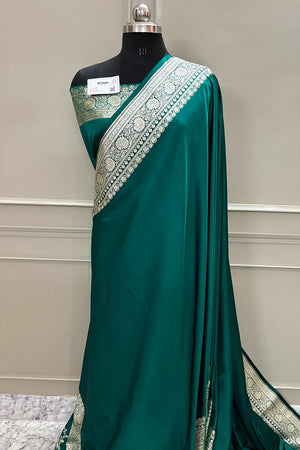 Teal Plain Golden Zari Katan Silk Banarasi Saree
