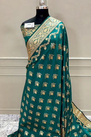 Teal Ruby Buti Katan Silk Banarasi Saree