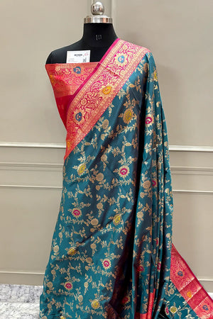 Teal and Pink Golden Zari Silky Banarasi Saree