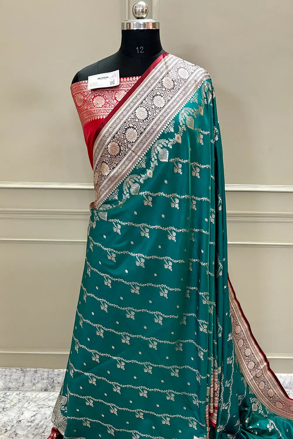 Teal and Red Golden Zari Katan Silk Banarasi Saree