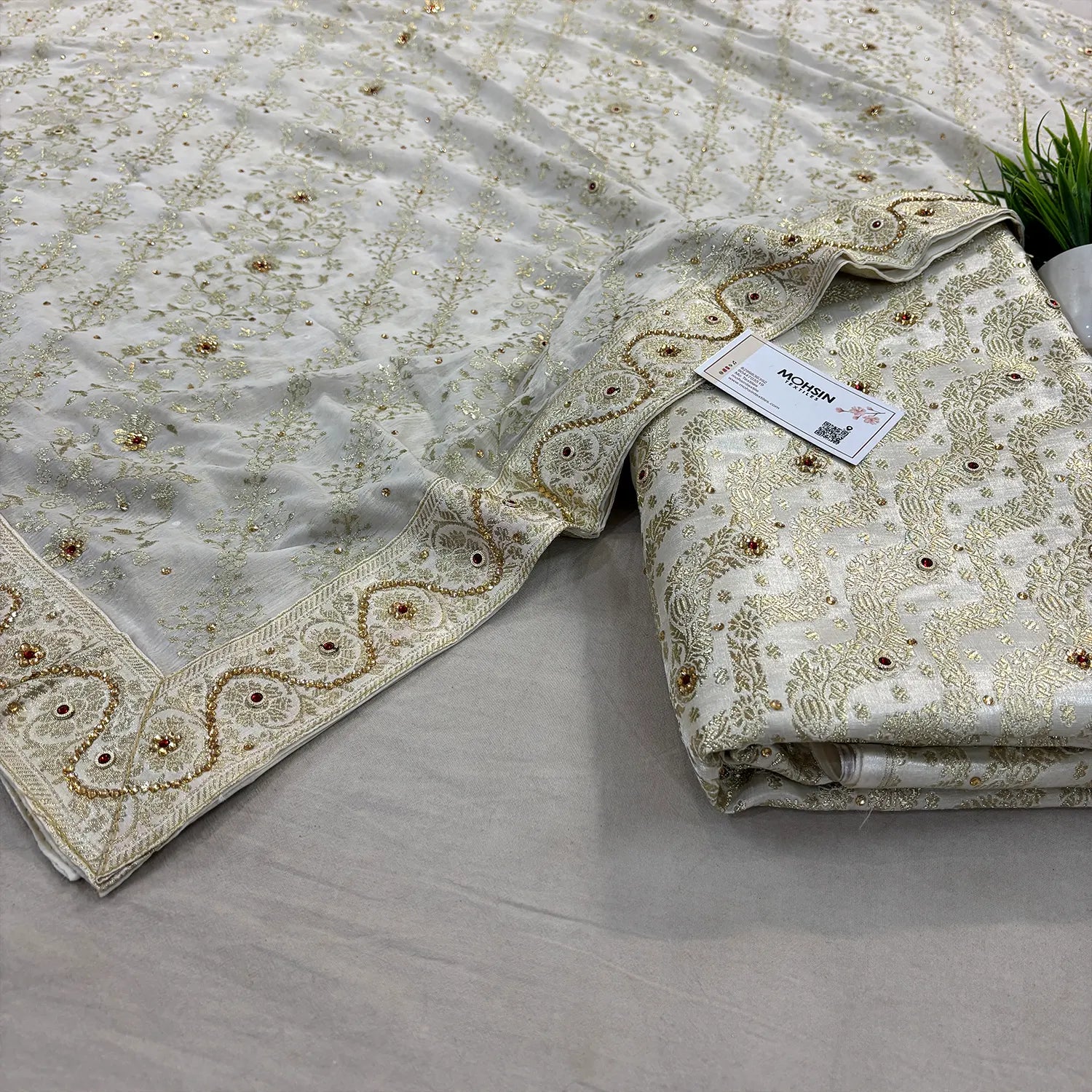 White Jharna Laher Stone Work Kimkhab Silk Banarasi Gharara