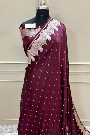 Wine Deepak Buti Katan Silk Banarasi Saree