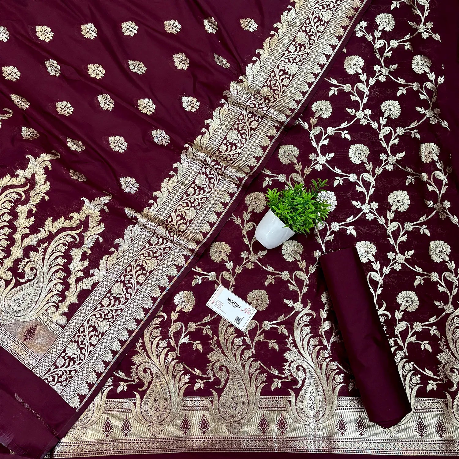 Wine Golden Zari Katan Silk Banarasi Suit