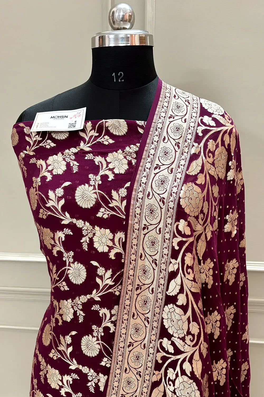 Wine Golden Zari Pure Georgette Silk Banarasi Suit