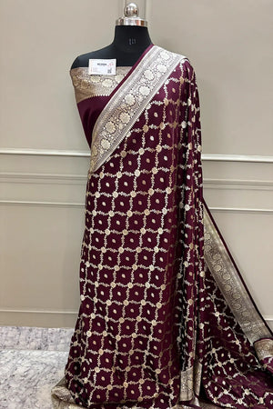 Wine Qaidi Buti Katan Silk Banarasi Saree
