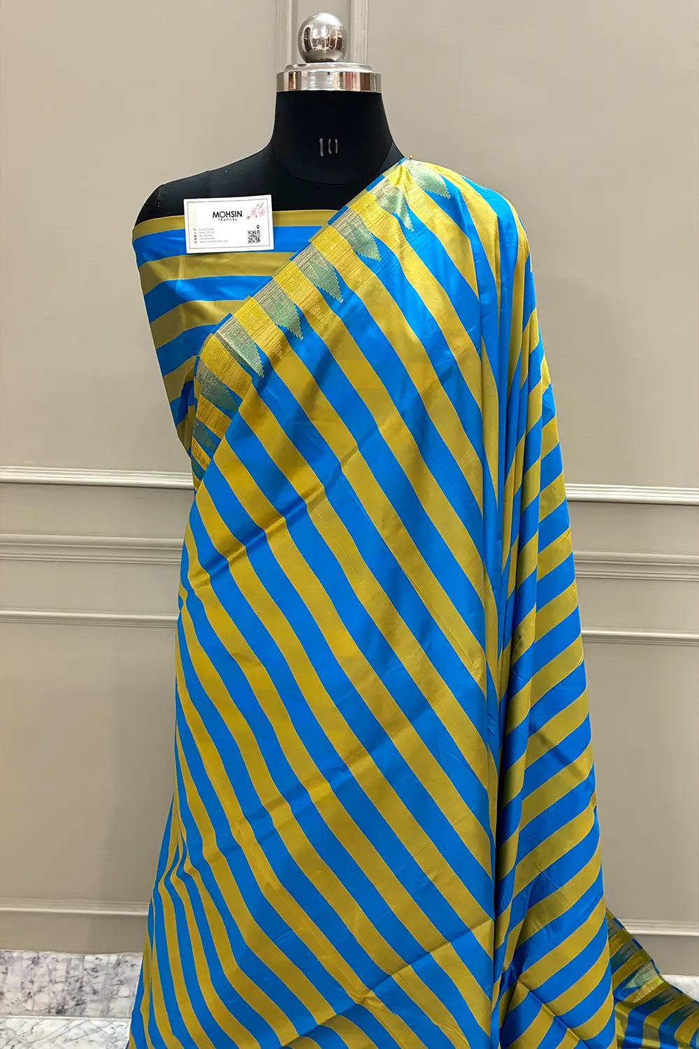 Yellow and Blue Stripe Plain Satin Silk Banarasi Saree