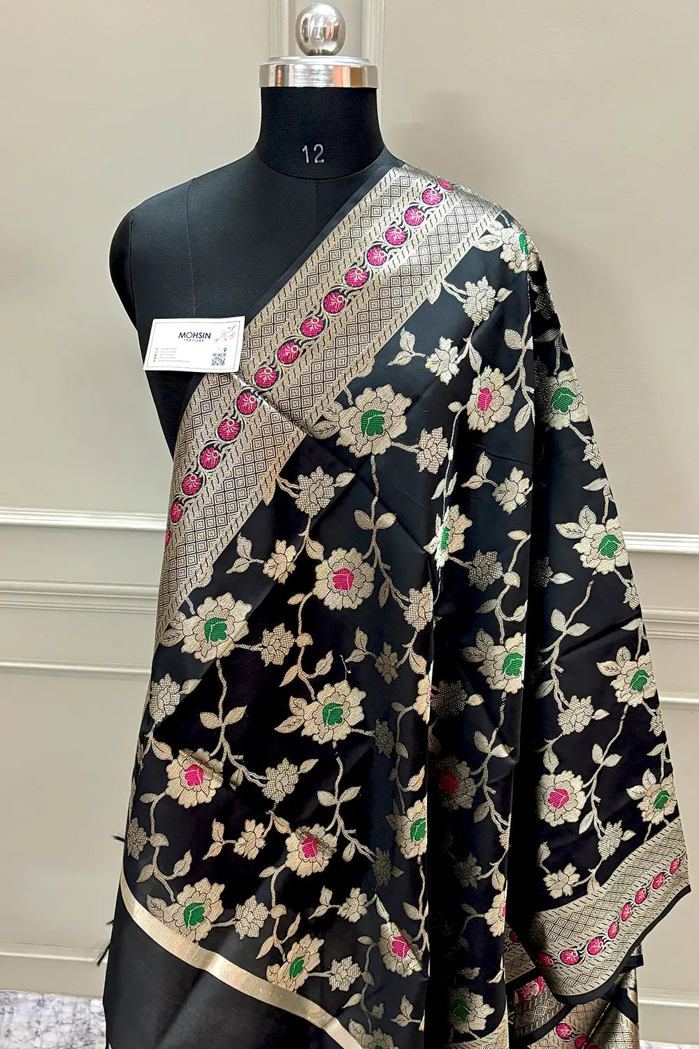Black Meenakari Satin Silk Banarasi Dupatta