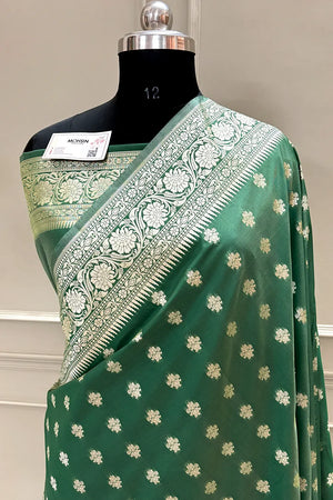 Bottle Green Golden Zari Crepe Silk Banarasi Saree
