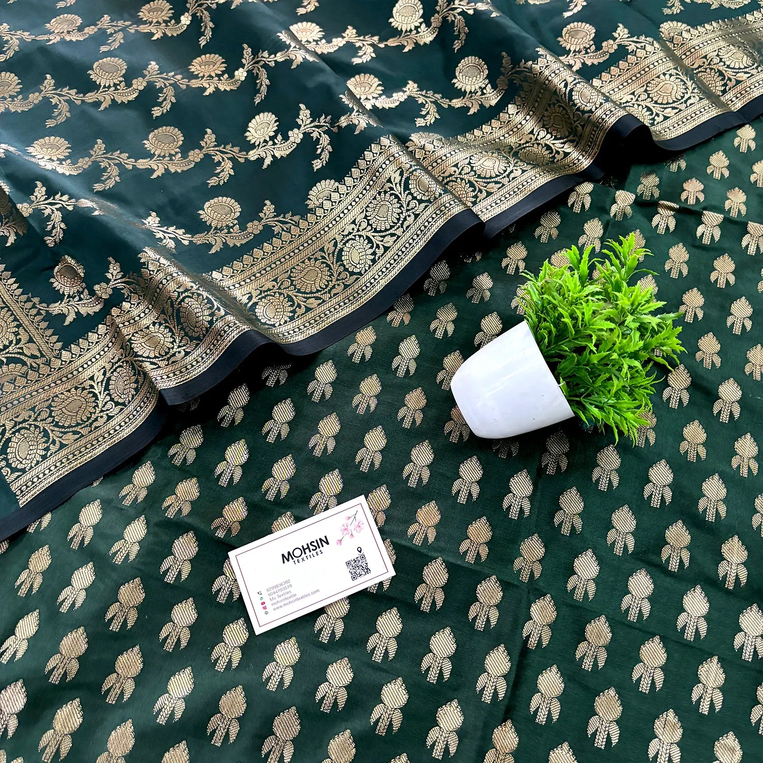 Bottle Green Rocket Buti Satin Silk Banarasi Suit