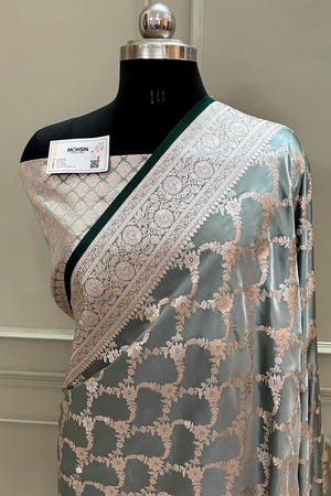 Bottle Green Scorpion Jaal Katan Silk Banarasi Saree
