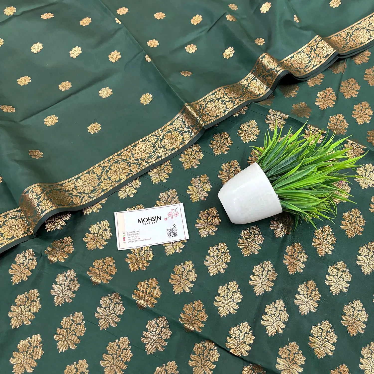 Bottle Green Tri Phool Satin Silk Banarasi Suit
