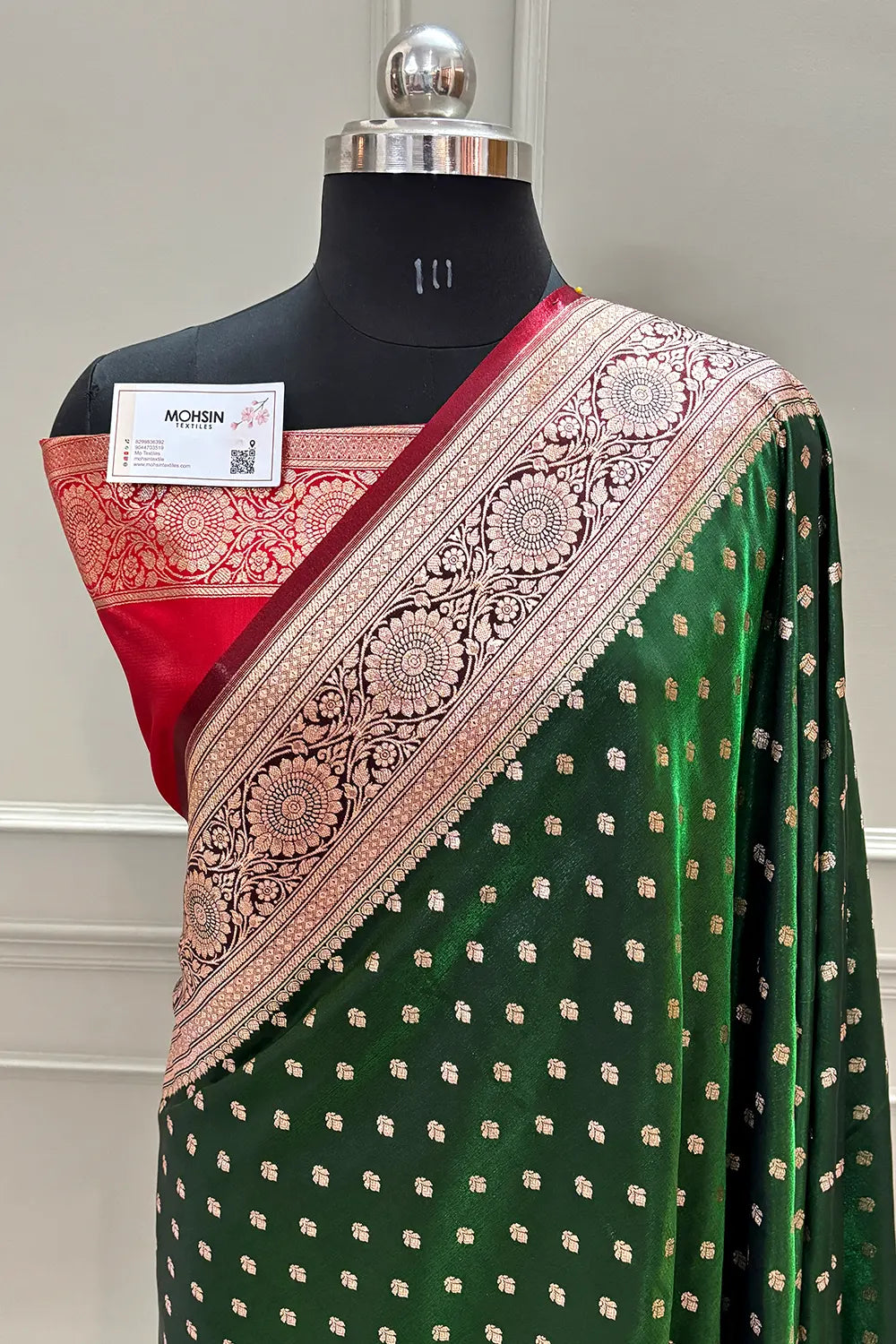 Bottle Green and Red Makkhi Buti Katan Silk Banarasi Saree