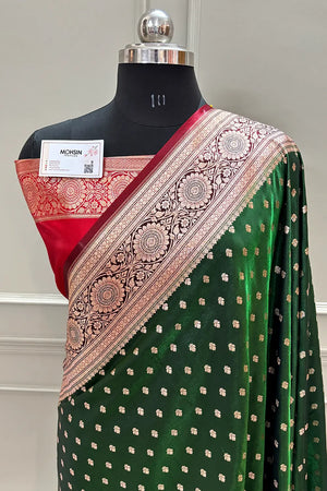 Bottle Green and Red Makkhi Buti Katan Silk Banarasi Saree