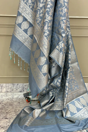 Grey Golden Zari Katan Silk Banarasi Dupatta