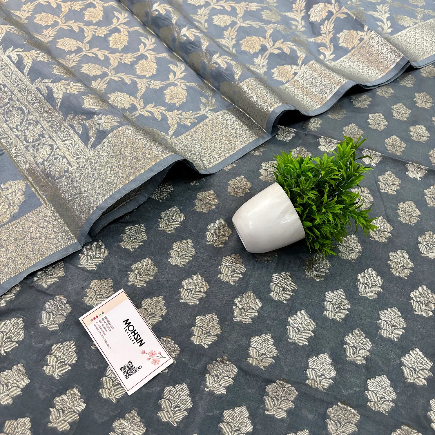 Grey Golden Zari Katan Silk Banarasi Suit