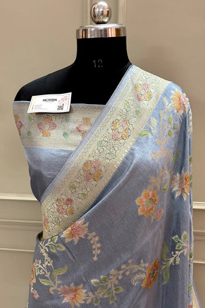 Grey Shakahari Jaal Georgette Silk Banarasi Saree