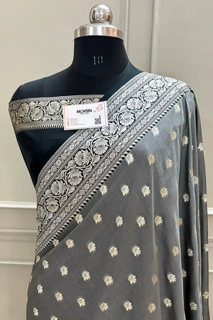 Grey and Black Ghonga Buti Katan Silk Banarasi Saree