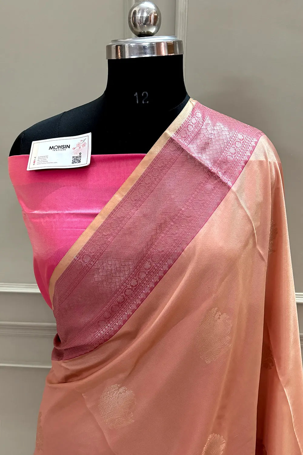 Light Peach and Pink Golden Zari Banarasi Silk Saree