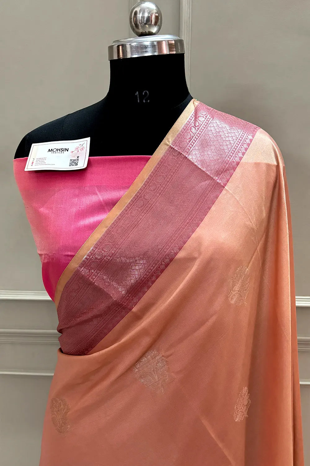 Light Peach and Pink Golden Zari Banarasi Silk Saree