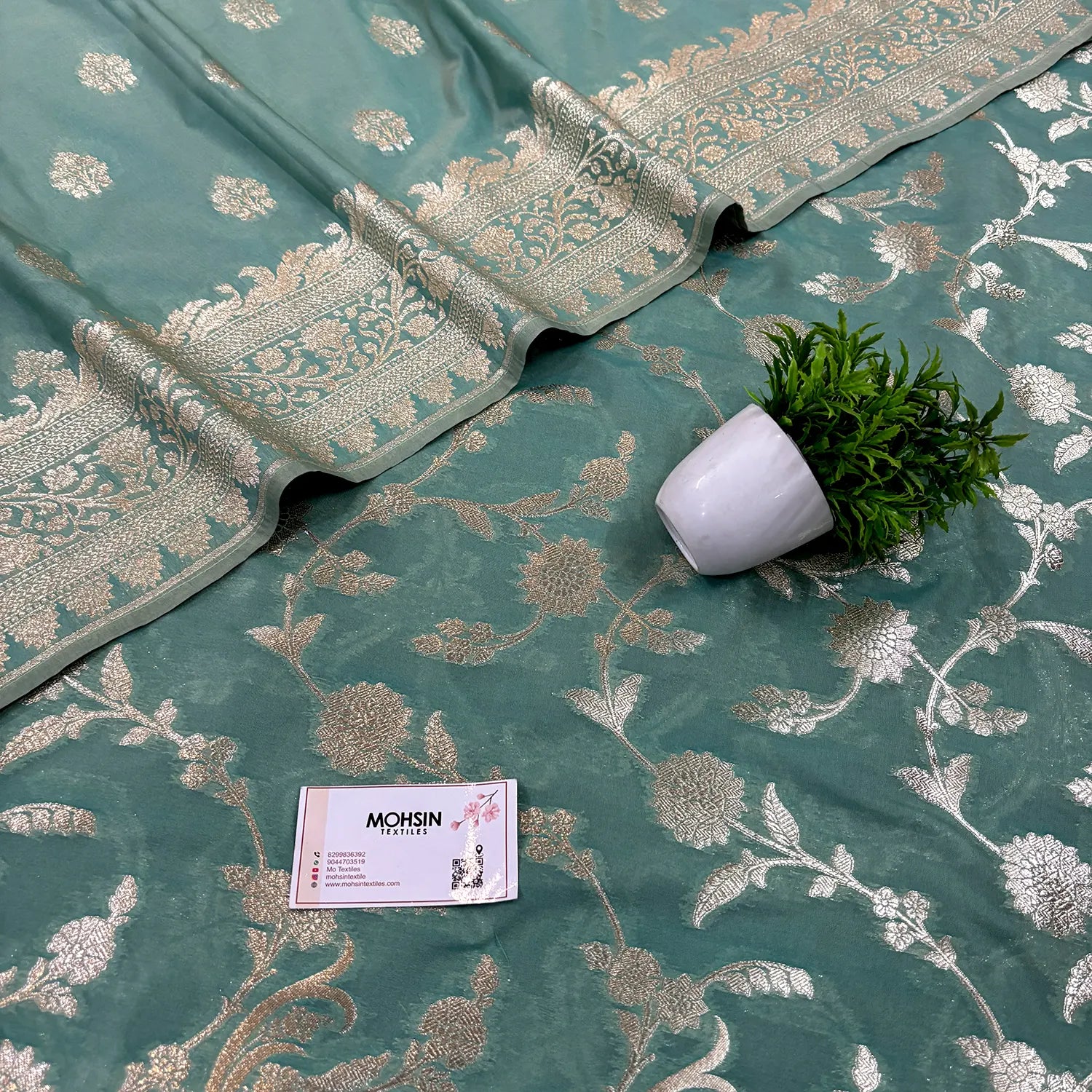 Mint Green Golden Zari Katan Silk Banarasi Suit