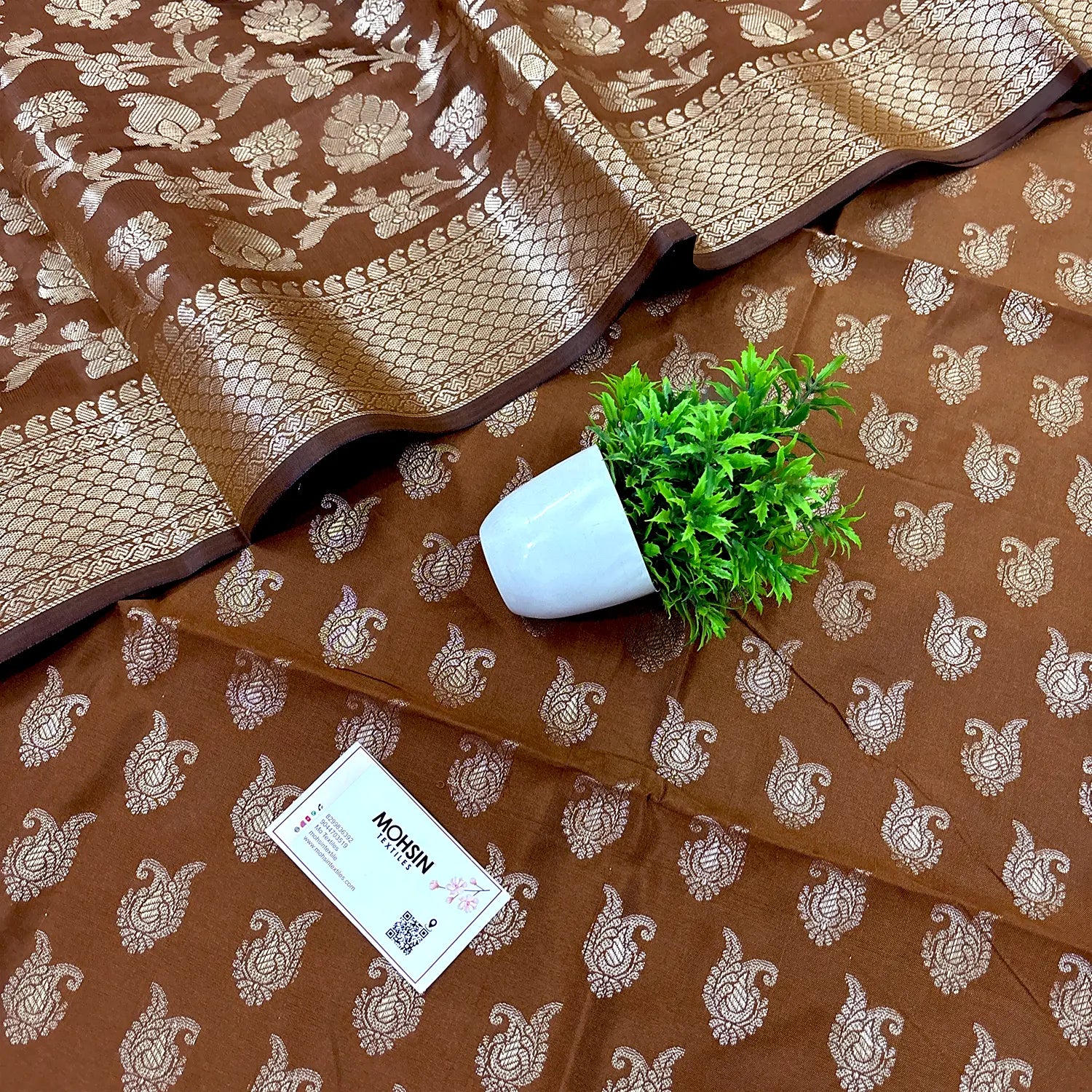 Mustard Chirag Buti Satin Silk Banarasi Suit