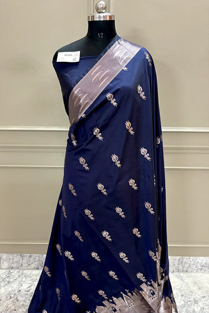 Navy Blue Kalyug Satin Silk Banarasi Saree