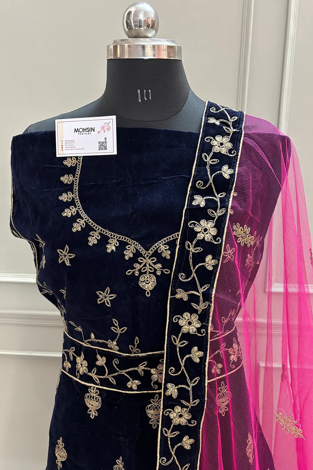 Navy Blue and Pink Zariwork Semi Stitched Velvet Lahenga