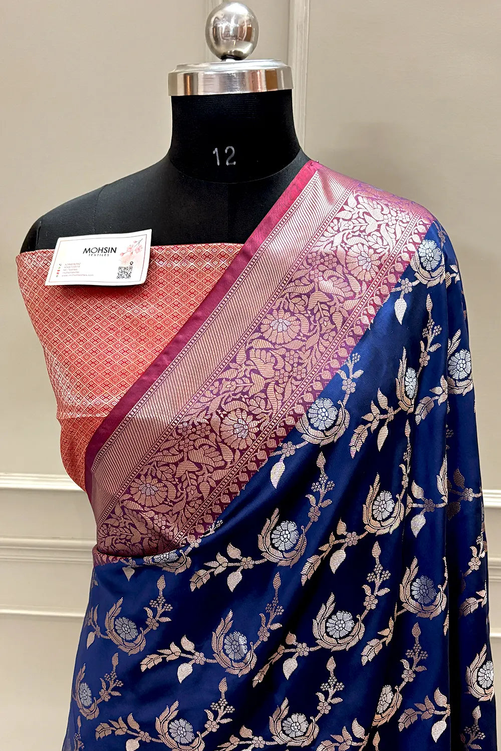 Navy Blue and Red Golden Zari Banarasi Silk Saree