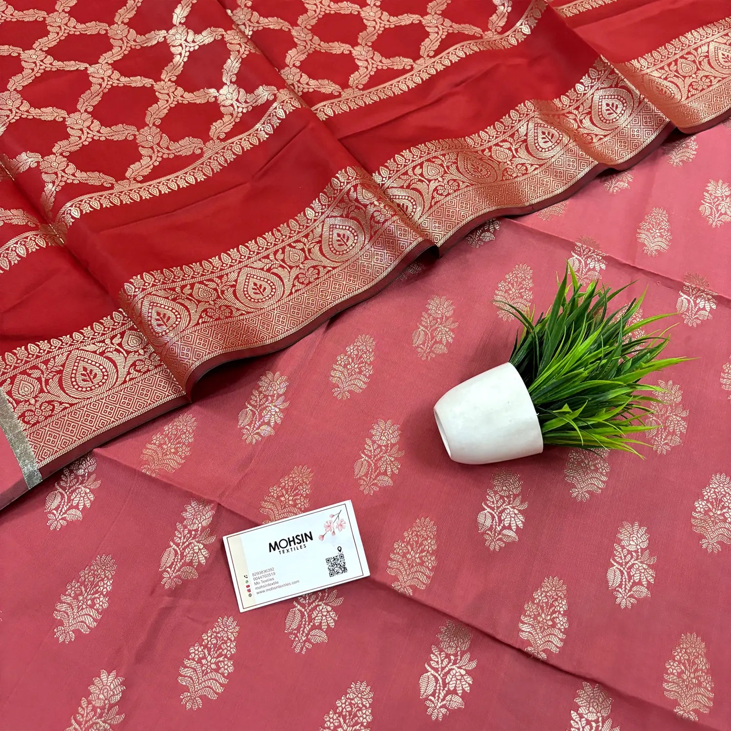 Peach and Red Phooldaan Buti Satin Silk Banarasi Suit