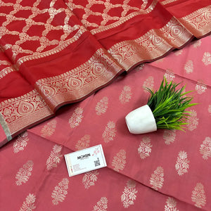 Peach and Red Phooldaan Buti Satin Silk Banarasi Suit