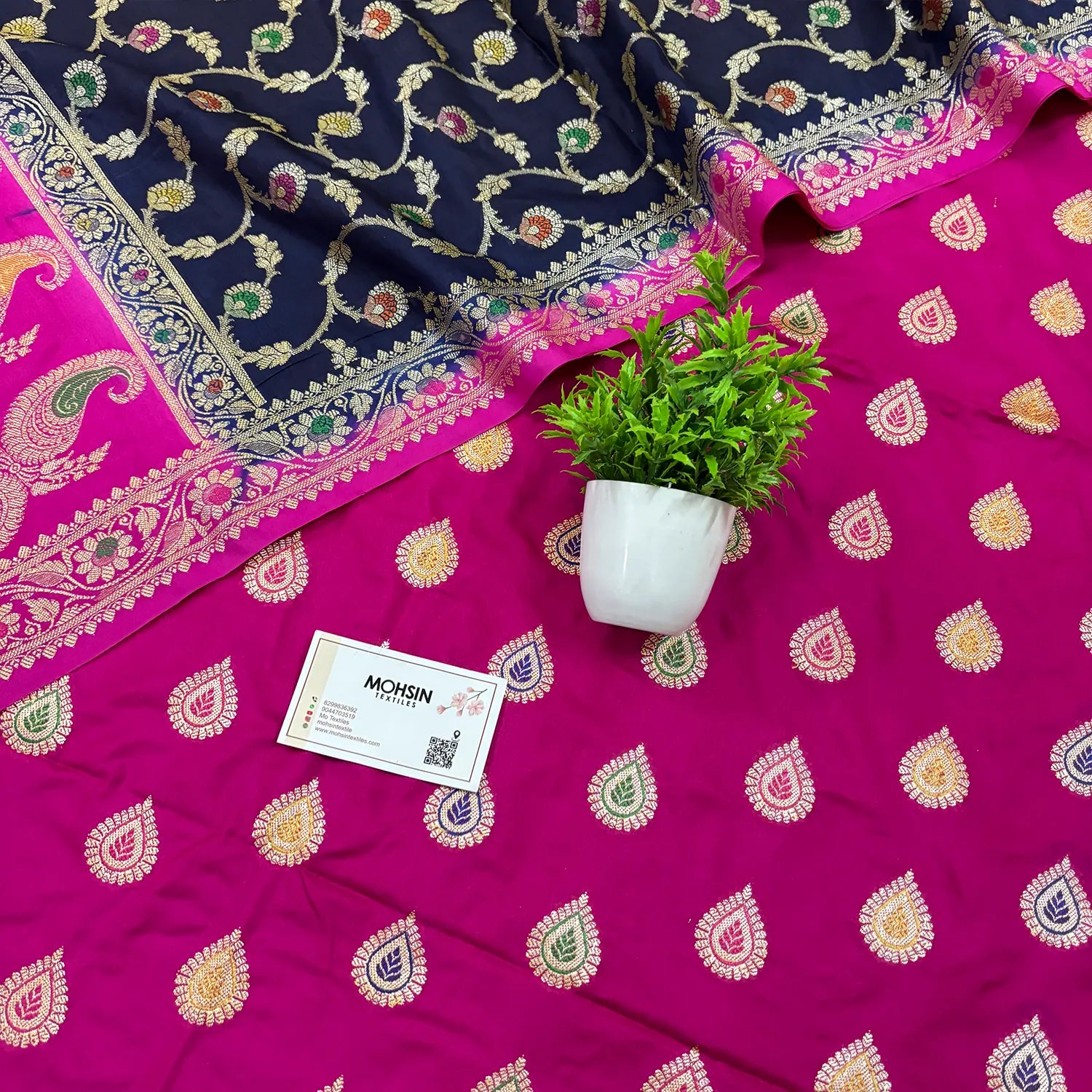 Pink and Navy Blue Golden Zari Katan Silk Banarasi Suit