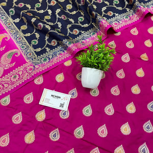 Pink and Navy Blue Golden Zari Katan Silk Banarasi Suit