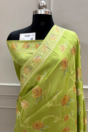 Pista Rosy Jaal Georgette Silk Banarasi Saree