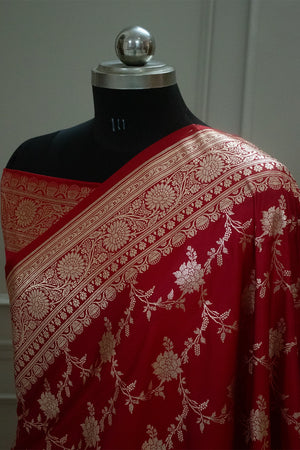 Red Akbari Jaal Katan Silk Banarasi Saree