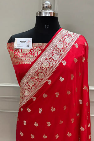 Red Chaman Buti Katan Silk Banarasi Saree