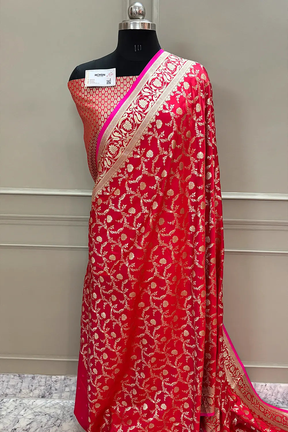 Red Chandramukhi Jaal Katan Silk Banarasi Saree